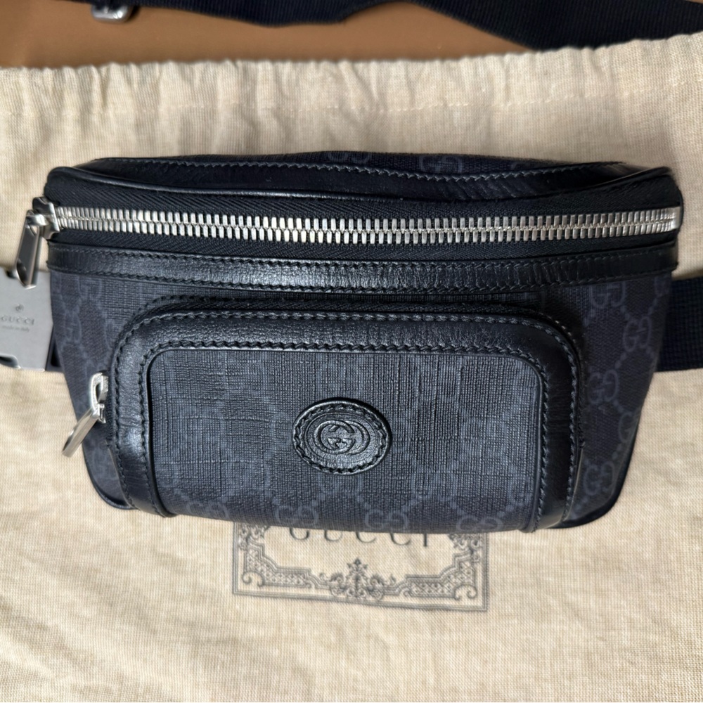 Gucci Supreme Monogram Mens Small Belt Bag with interlocking G Pattern in black